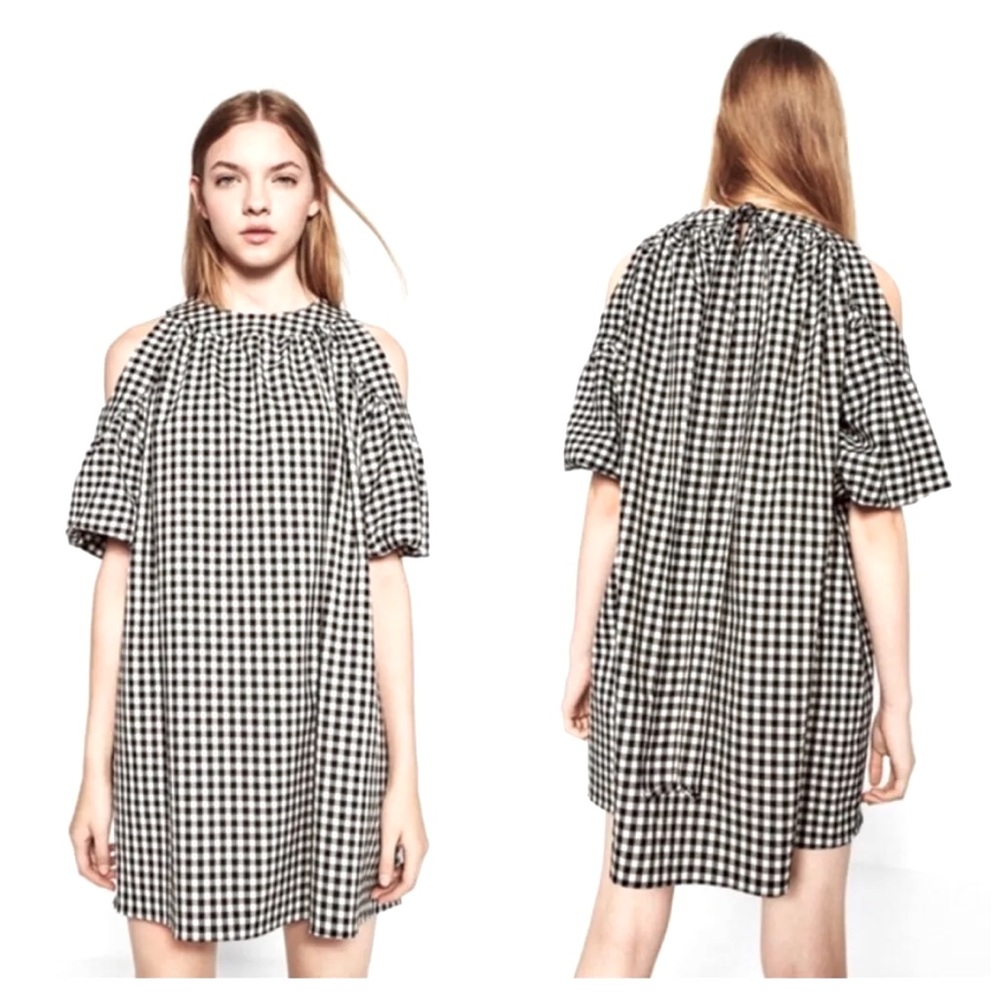 NWOT Zara Trafaluc Collection gingham shoulder cutout mini dress